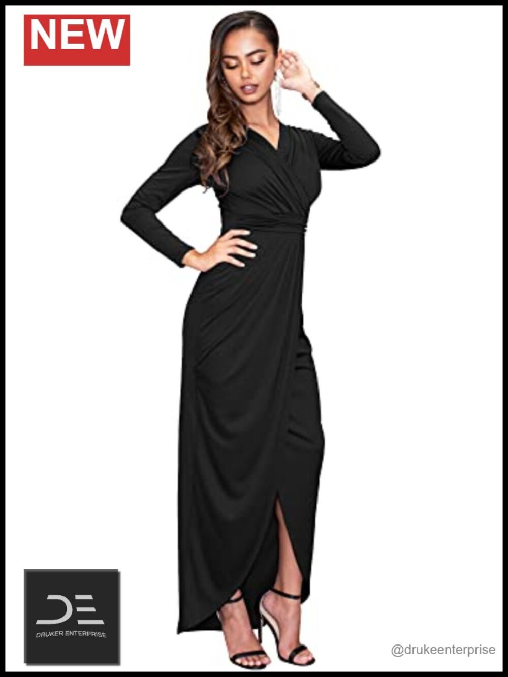 Long Sleeve Formal Wrap V-Neck Gown Maxi Dress Plus Size A-Line